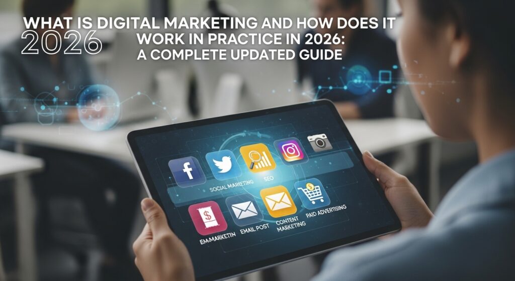 Tablet com ícones de mídias sociais em ambiente de escritório moderno