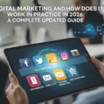 Tablet com ícones de mídias sociais em ambiente de escritório moderno