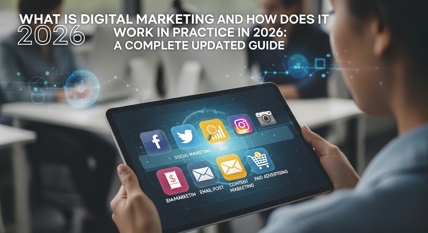 Tablet com ícones de mídias sociais em ambiente de escritório moderno