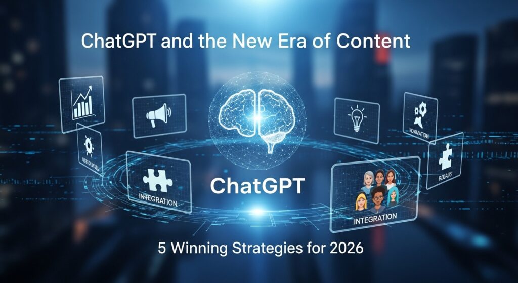 Imagem ilustrativa sobre ChatGPT e a nova era do conteúdo, apresentando ícones relacionados a estratégias vencedoras para 2026.