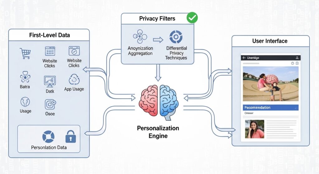 Diagrama ilustrando como os dados de primeiro nível alimentam um motor de personalização, com filtros de privacidade e uma interface de usuário exibindo recomendações.