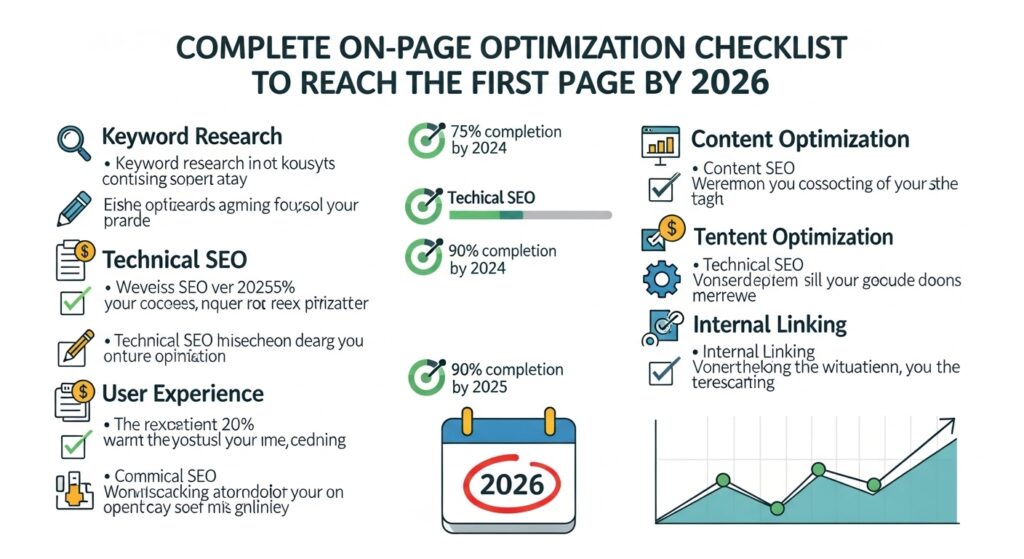 Checklist visual de otimização on-page para SEO, apresentando várias etapas e metas até 2026, incluindo pesquisa de palavras-chave, SEO técnico, otimização de conteúdo, otimização de conteúdo e linking interno.