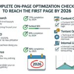 Checklist visual de otimização on-page para SEO, apresentando várias etapas e metas até 2026, incluindo pesquisa de palavras-chave, SEO técnico, otimização de conteúdo, otimização de conteúdo e linking interno.