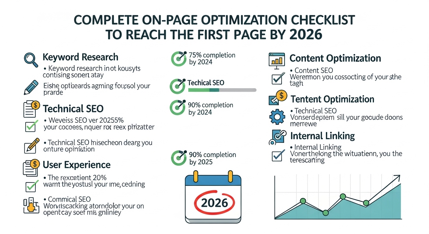 Checklist visual de otimização on-page para SEO, apresentando várias etapas e metas até 2026, incluindo pesquisa de palavras-chave, SEO técnico, otimização de conteúdo, otimização de conteúdo e linking interno.