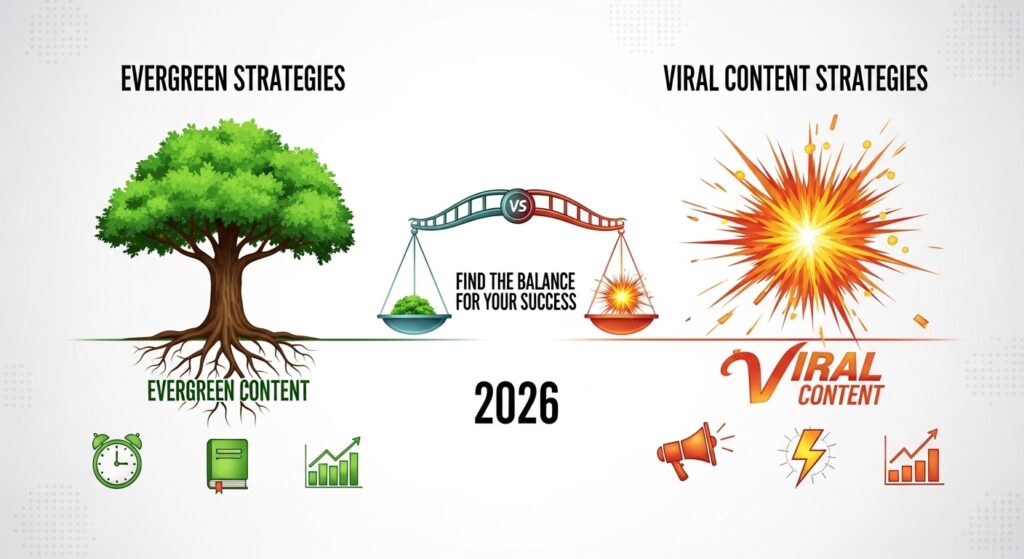 Ilustração dividida em duas partes: à esquerda um árvore verde representando estratégias de conteúdo evergreen, e à direita uma explosão colorida representando estratégias de conteúdo viral, com uma balança ao centro mostrando o equilíbrio entre os dois tipos de conteúdo.