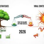 Ilustração dividida em duas partes: à esquerda um árvore verde representando estratégias de conteúdo evergreen, e à direita uma explosão colorida representando estratégias de conteúdo viral, com uma balança ao centro mostrando o equilíbrio entre os dois tipos de conteúdo.