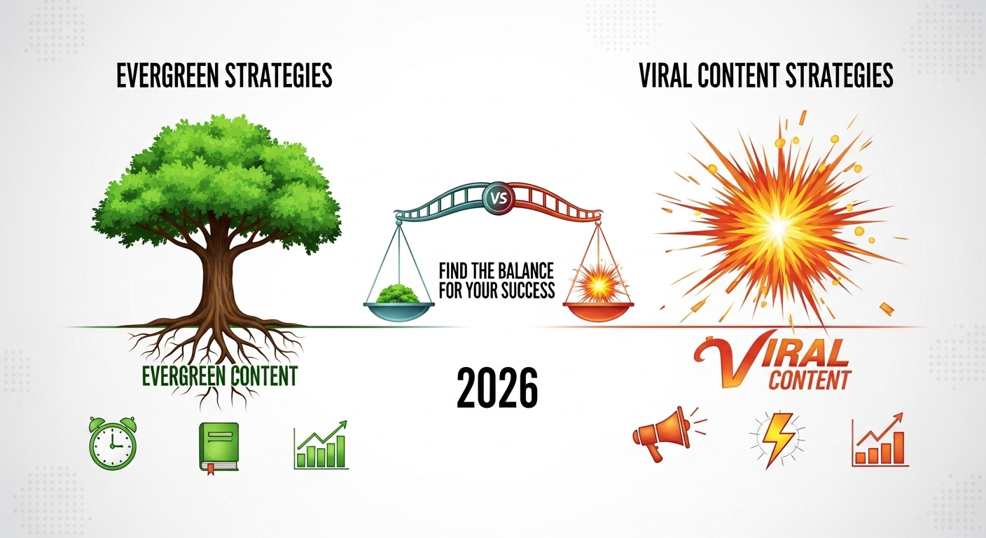 Ilustração dividida em duas partes: à esquerda um árvore verde representando estratégias de conteúdo evergreen, e à direita uma explosão colorida representando estratégias de conteúdo viral, com uma balança ao centro mostrando o equilíbrio entre os dois tipos de conteúdo.