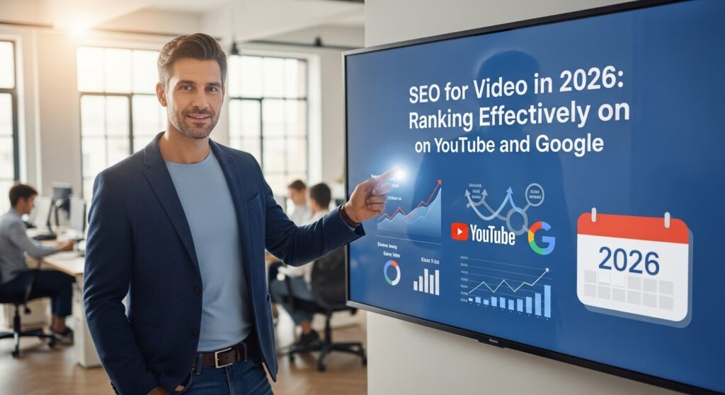 Homem apresentando um gráfico em uma tela sobre SEO para vídeo em 2026, focando no ranqueamento no YouTube e Google.
