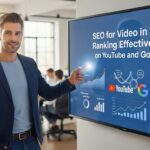 Homem apresentando um gráfico em uma tela sobre SEO para vídeo em 2026, focando no ranqueamento no YouTube e Google.