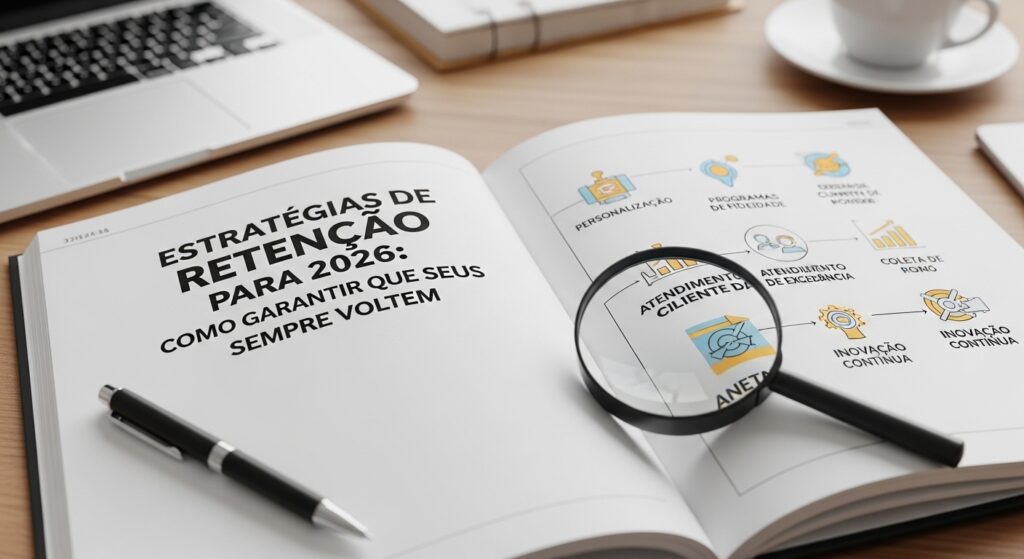 Capa de um caderno aberto com o título 'Estratégias de Retenção para 2026: Como Garantir que Seus Clientes Voltem' destacado em letras grandes. Ao lado, uma lupa revela um gráfico sobre atendimento ao cliente.