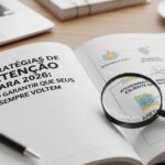 Capa de um caderno aberto com o título 'Estratégias de Retenção para 2026: Como Garantir que Seus Clientes Voltem' destacado em letras grandes. Ao lado, uma lupa revela um gráfico sobre atendimento ao cliente.