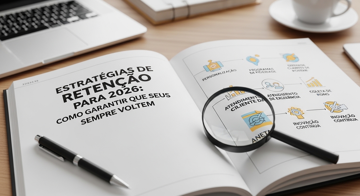 Capa de um caderno aberto com o título 'Estratégias de Retenção para 2026: Como Garantir que Seus Clientes Voltem' destacado em letras grandes. Ao lado, uma lupa revela um gráfico sobre atendimento ao cliente.