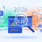 Ilustração sobre auditoria de sites para acessibilidade e SEO em 2026, com elementos gráficos representando dados e análises.