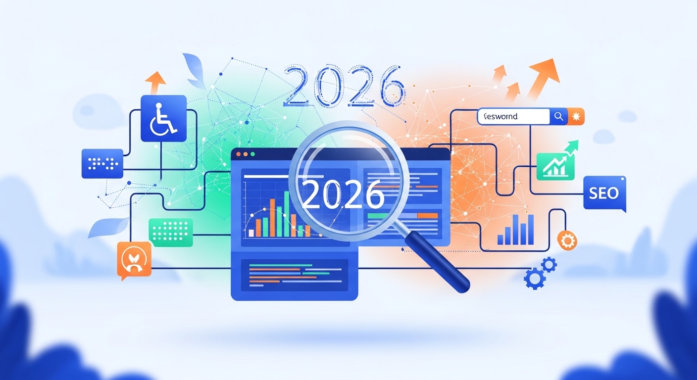 Ilustração sobre auditoria de sites para acessibilidade e SEO em 2026, com elementos gráficos representando dados e análises.