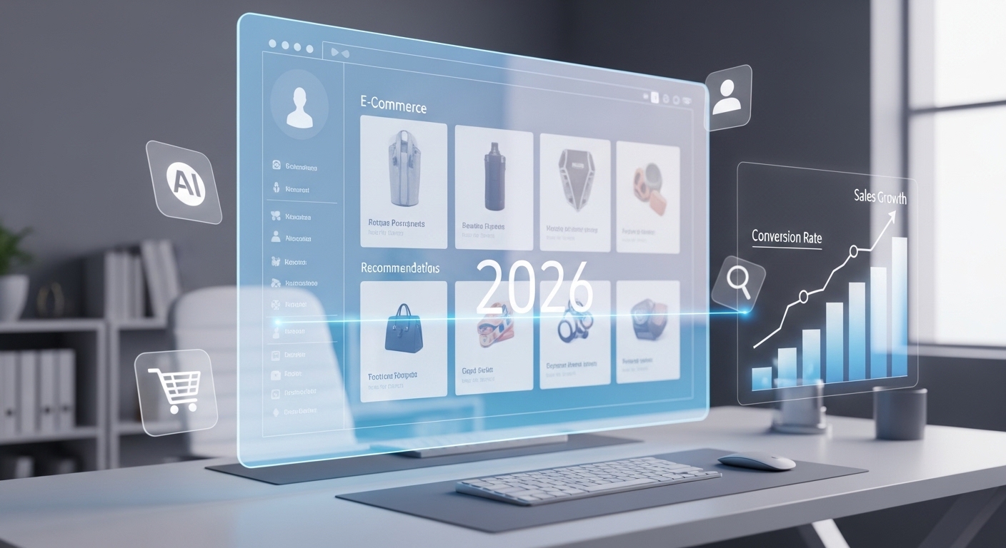 Tela de computador mostrando um dashboard de e-commerce com informações sobre produtos, recomendações personalizadas e gráficos de crescimento de vendas para 2026.