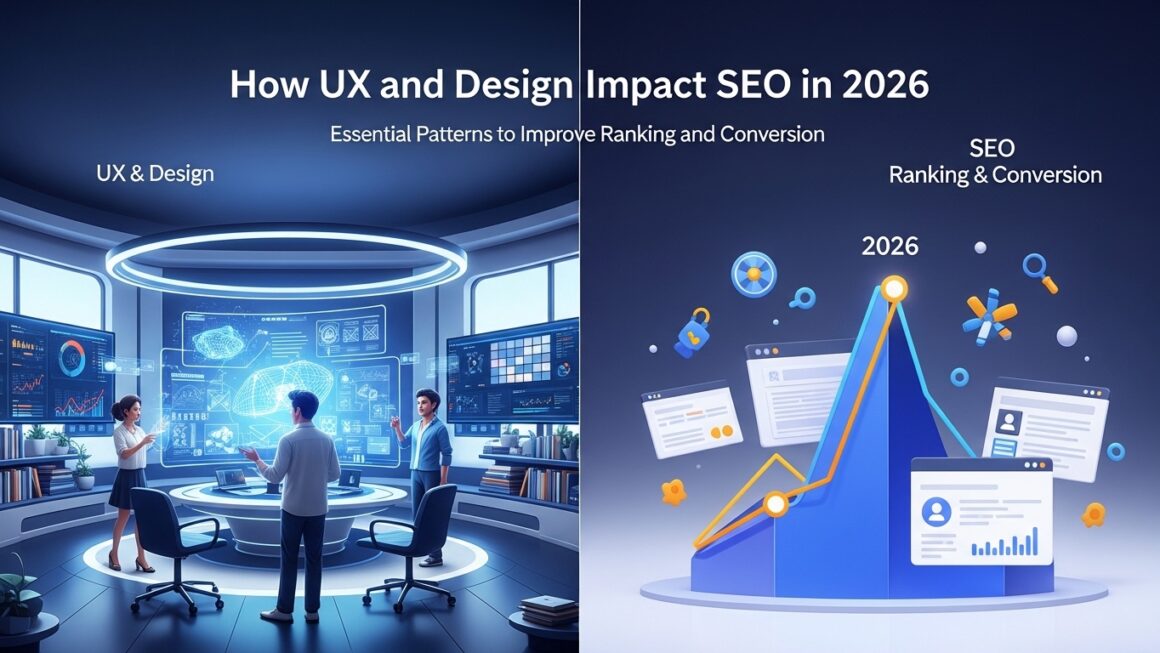 Imagem dividida mostrando o impacto do UX e Design no SEO em 2026, com gráficos e dados em um ambiente futurista. À esquerda, duas pessoas interagindo com telas digitais, à direita, um gráfico em ascensão com ícones representando ranking e conversão.