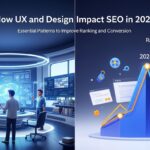 Imagem dividida mostrando o impacto do UX e Design no SEO em 2026, com gráficos e dados em um ambiente futurista. À esquerda, duas pessoas interagindo com telas digitais, à direita, um gráfico em ascensão com ícones representando ranking e conversão.
