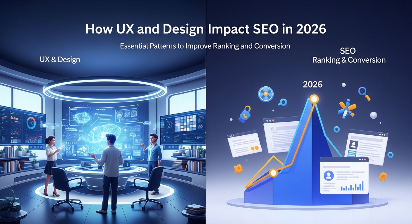 Imagem dividida mostrando o impacto do UX e Design no SEO em 2026, com gráficos e dados em um ambiente futurista. À esquerda, duas pessoas interagindo com telas digitais, à direita, um gráfico em ascensão com ícones representando ranking e conversão.