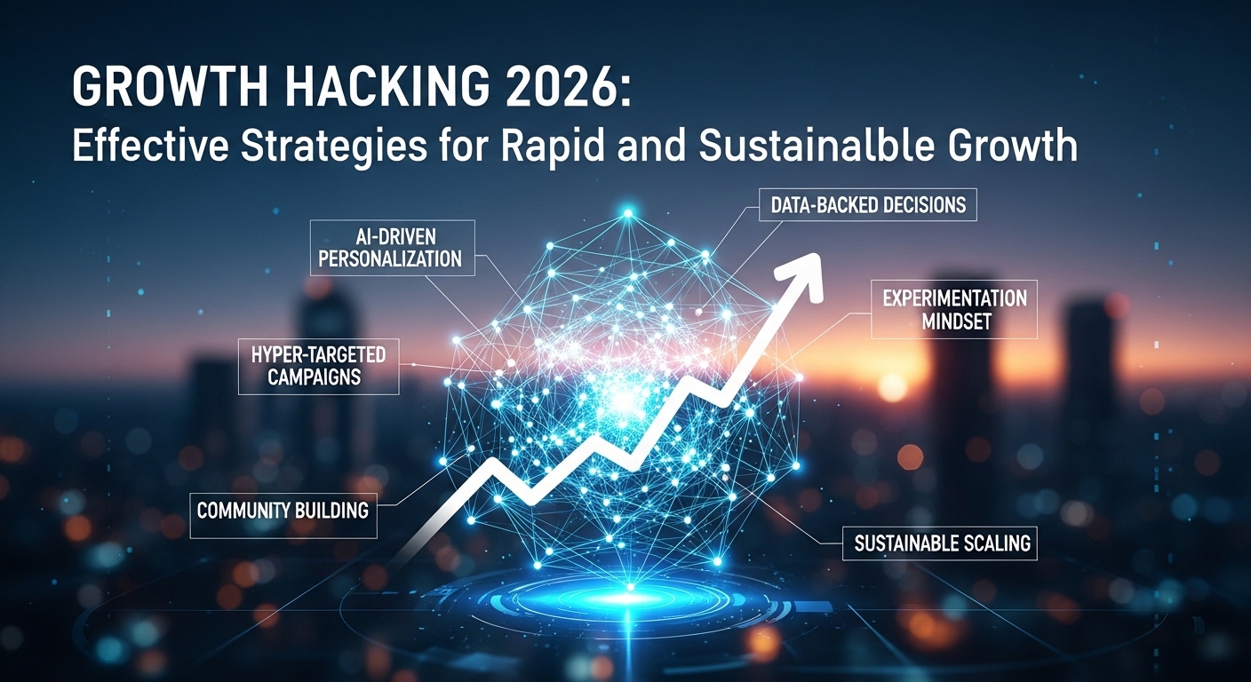 Gráfico com um aumento representado por uma linha ascendente, cercado por conceitos de Growth Hacking como personalização orientada por IA, campanhas hiper direcionadas, construção de comunidade, decisões baseadas em dados, mentalidade de experimentação e escalabilidade sustentável.