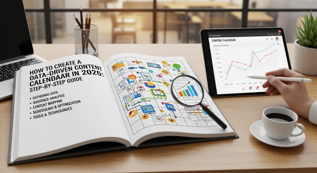 Imagem de um calendário de conteúdo em um livro aberto, com gráficos e ícones ilustrativos, acompanhado de um tablet exibindo um gráfico de desempenho. Uma caneca de café está ao lado em uma mesa de trabalho.