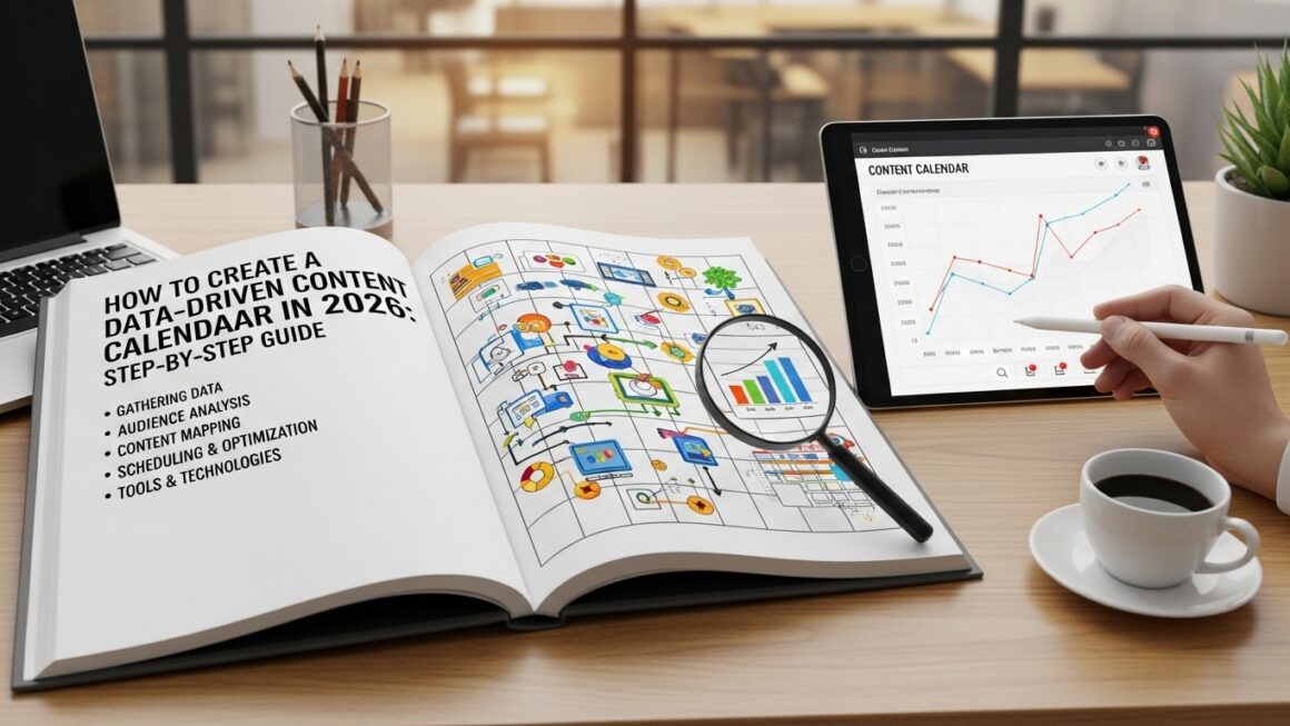 Imagem de um calendário de conteúdo em um livro aberto, com gráficos e ícones ilustrativos, acompanhado de um tablet exibindo um gráfico de desempenho. Uma caneca de café está ao lado em uma mesa de trabalho.