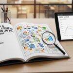 Imagem de um calendário de conteúdo em um livro aberto, com gráficos e ícones ilustrativos, acompanhado de um tablet exibindo um gráfico de desempenho. Uma caneca de café está ao lado em uma mesa de trabalho.