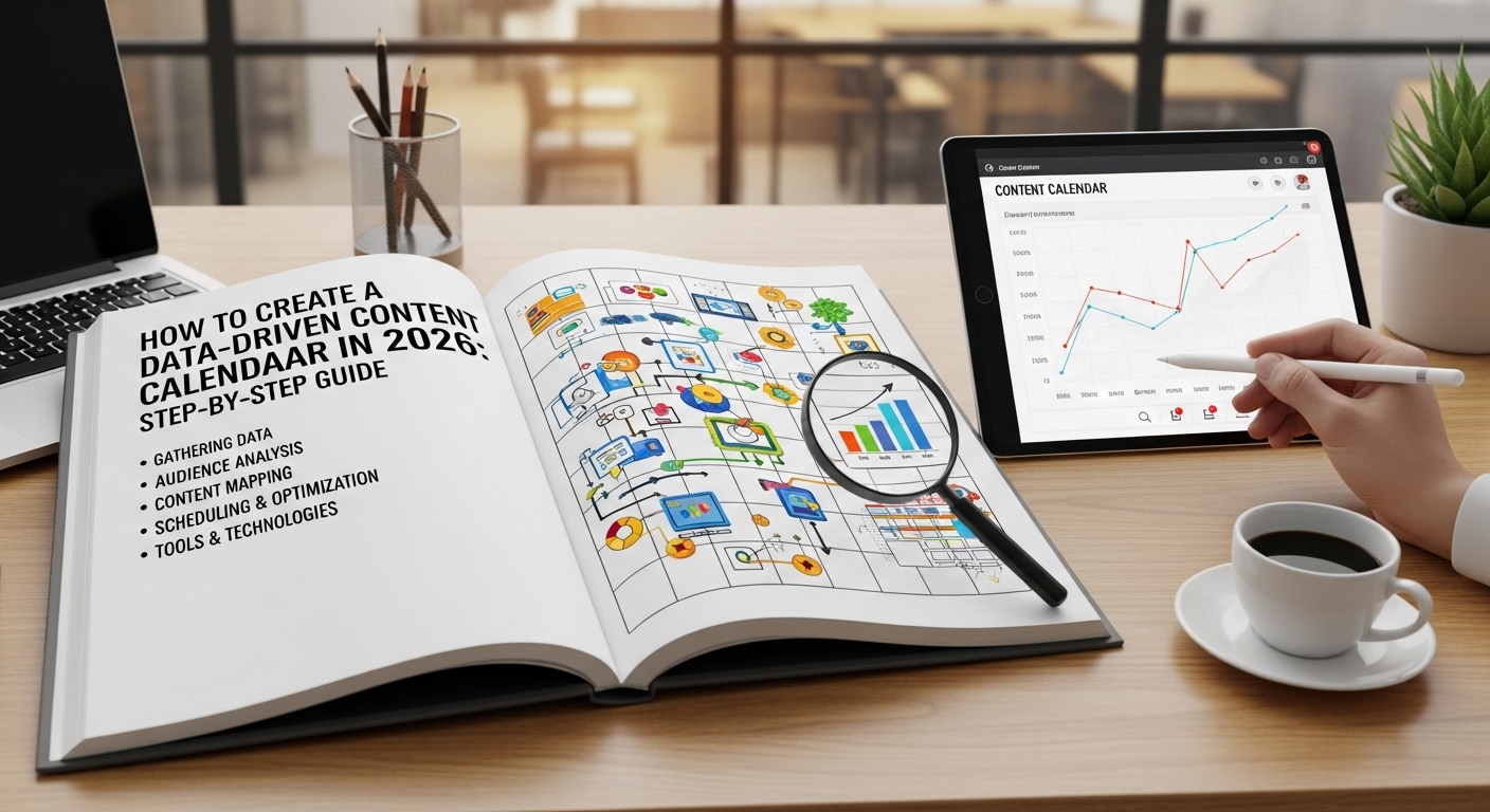Imagem de um calendário de conteúdo em um livro aberto, com gráficos e ícones ilustrativos, acompanhado de um tablet exibindo um gráfico de desempenho. Uma caneca de café está ao lado em uma mesa de trabalho.