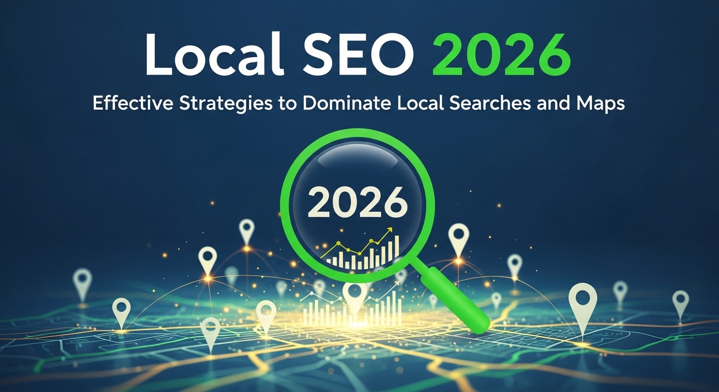 Imagem com tema de SEO local para 2026, destacando técnicas para melhorar buscas locais e mapas, apresentando uma lupa verde sobre o número 2026 e gráficos ascendentes.