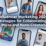 Montagem de smartphones exibindo micro e nano-criadores em vídeos de marketing de influência, destacando a interação com o público.
