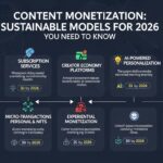 Infográfico sobre monetização de conteúdo com modelos sustentáveis para 2026. Inclui tópicos como serviços de assinatura, plataformas de economia criativa, personalização baseada em IA, microtransações e NFTs, monetização experimental e utilização ética de dados.