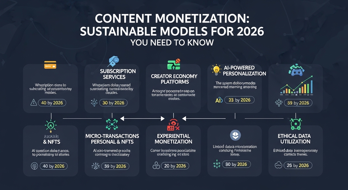 Infográfico sobre monetização de conteúdo com modelos sustentáveis para 2026. Inclui tópicos como serviços de assinatura, plataformas de economia criativa, personalização baseada em IA, microtransações e NFTs, monetização experimental e utilização ética de dados.