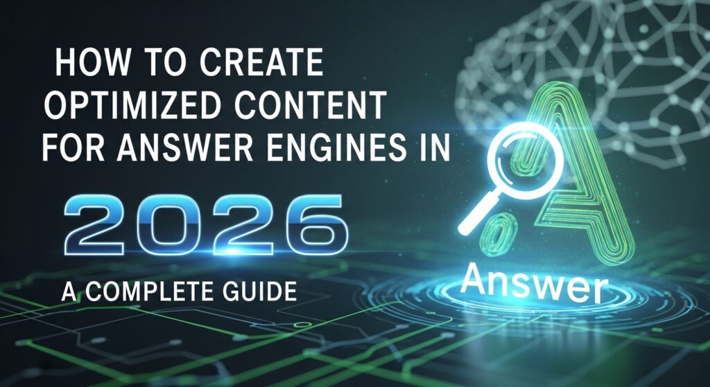 Imagem ilustrativa sobre a criação de conteúdos otimizados para motores de resposta em 2026, com elementos gráficos digitais e texto em destaque.