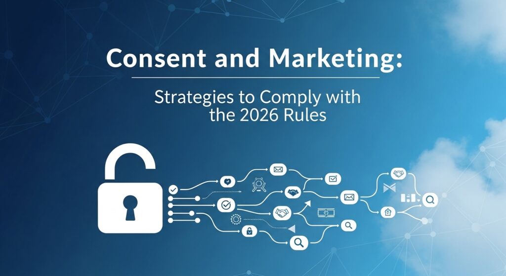 Imagem ilustrativa sobre consentimento e marketing, mostrando um cadeado com diversas conexões que simbolizam estratégias de conformidade.