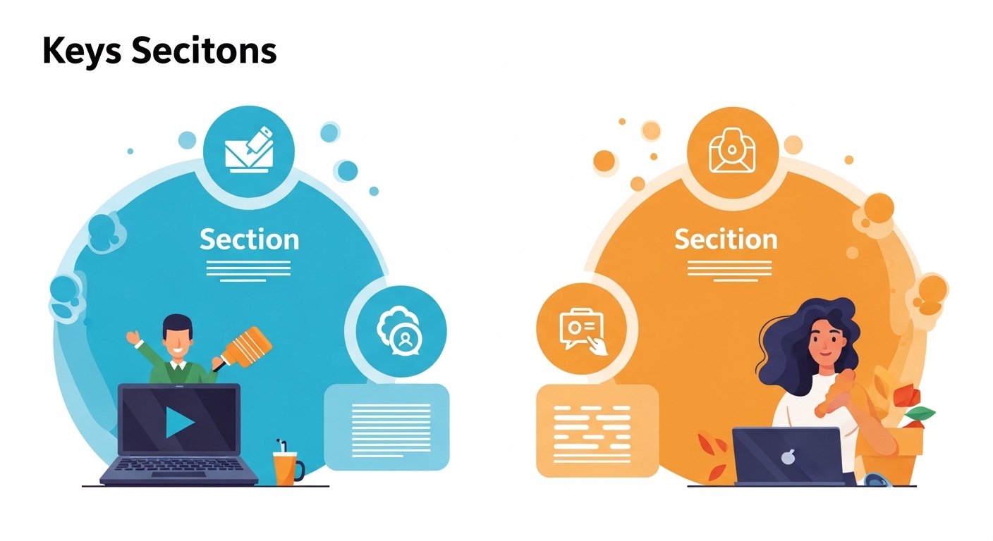 Ilustração dividida em duas seções. À esquerda, um homem sorridente com uma prancheta em uma mesa de computador, representando a seção de trabalho ou administração. À direita, uma mulher com um laptop, segurando um lanche, simbolizando a seção de lazer ou criatividade, ambas cercadas por ícones que representam diferentes áreas de conteúdo.