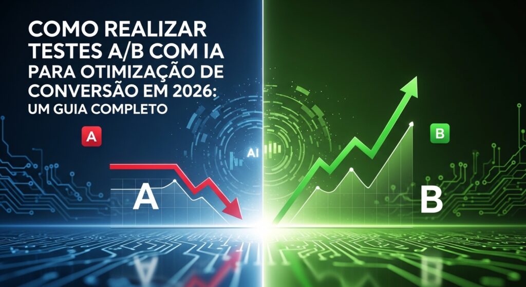 Arte digital mostrando o processo de testes A/B com IA. À esquerda, um gráfico em vermelho com queda, representando a versão A. À direita, um gráfico em verde com crescimento, representando a versão B. O texto ao fundo indica 'Como realizar testes A/B com IA para otimização de conversão em 2026'.