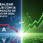 Arte digital mostrando o processo de testes A/B com IA. À esquerda, um gráfico em vermelho com queda, representando a versão A. À direita, um gráfico em verde com crescimento, representando a versão B. O texto ao fundo indica 'Como realizar testes A/B com IA para otimização de conversão em 2026'.