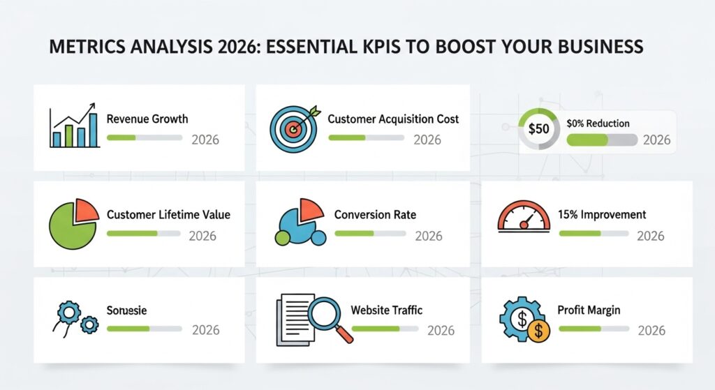 Imagem ilustrativa mostrando métricas de negócios com gráficos e ícones representando KPIs essenciais para 2026.