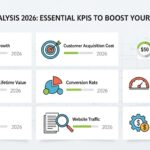 Imagem ilustrativa mostrando métricas de negócios com gráficos e ícones representando KPIs essenciais para 2026.