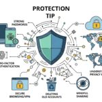 Ilustração que destaca dicas de proteção da privacidade digital, incluindo senhas fortes, autenticação em dois fatores, armazenamento em nuvem seguro, navegação segura, exclusão de contas antigas, compartilhamento consciente e compreensão das políticas de privacidade.