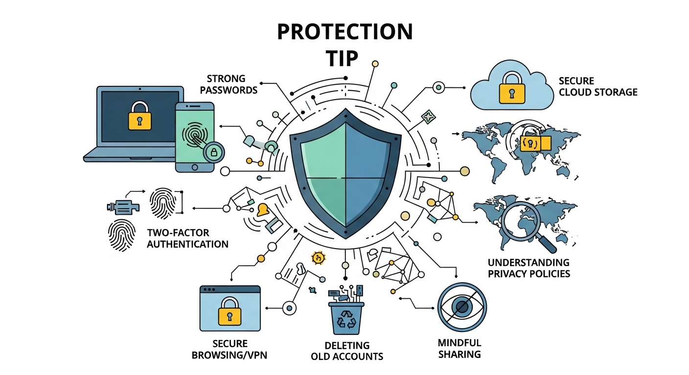 Ilustração que destaca dicas de proteção da privacidade digital, incluindo senhas fortes, autenticação em dois fatores, armazenamento em nuvem seguro, navegação segura, exclusão de contas antigas, compartilhamento consciente e compreensão das políticas de privacidade.