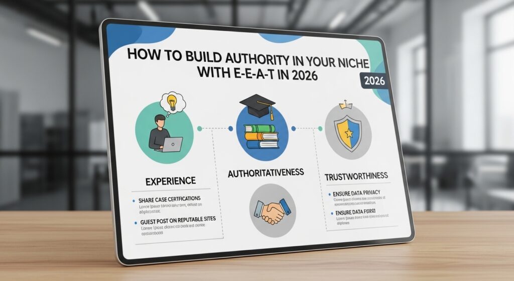 Infográfico ilustrando como construir autoridade em um nicho com E-E-A-T em 2026, com ícones representando experiência, autoridade e confiabilidade.