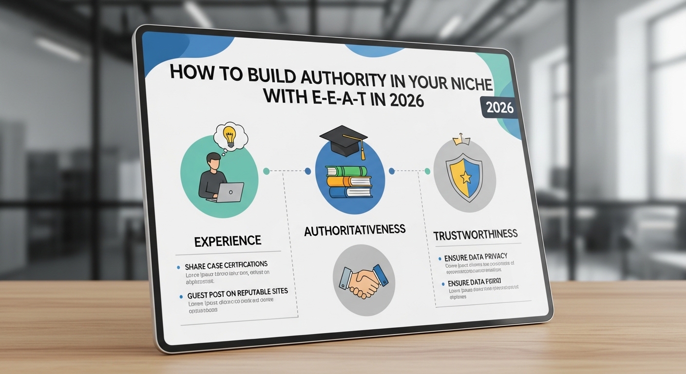 Infográfico ilustrando como construir autoridade em um nicho com E-E-A-T em 2026, com ícones representando experiência, autoridade e confiabilidade.