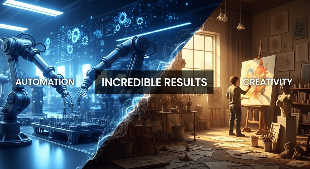 Imagem dividida ao meio mostrando automatização e criatividade. À esquerda, uma mão robótica em um ambiente industrial, simbolizando a automação. À direita, uma criança pintando em um estúdio artístico, simbolizando a criatividade.
