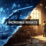 Imagem dividida ao meio mostrando automatização e criatividade. À esquerda, uma mão robótica em um ambiente industrial, simbolizando a automação. À direita, uma criança pintando em um estúdio artístico, simbolizando a criatividade.