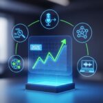 Gráfico holográfico que mostra um crescimento de métricas, com ícones de microfone, busca de áudio, rede de informações, e um computador, projetando um tema de SEO para podcasts em 2026.