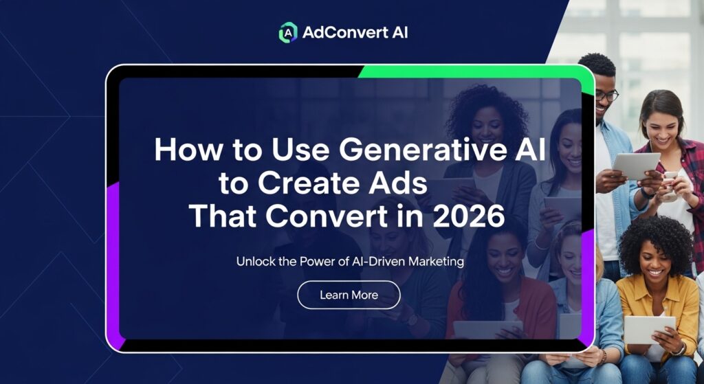 Imagem de promoção sobre o uso de IA generativa para criar anúncios eficazes, com um tablet exibindo o título do post e pessoas interagindo com dispositivos móveis ao fundo.