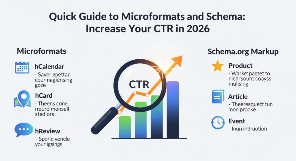 Imagem que apresenta um guia rápido sobre microformatos e Schema, com gráficos coloridos representando o aumento do CTR em 2026.