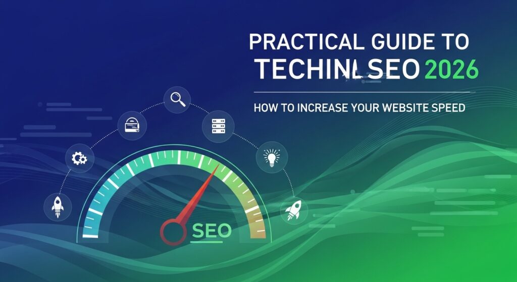 Um gráfico ilustrativo sobre SEO técnico, destacando a velocidade do site, com um medidor de velocidade e ícones relacionados ao tema.