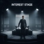 Um homem vestido de terno em pé em um cenário minimalista, iluminado por luzes focais, diante de uma estrutura com a inscrição 'INTEREST STAGE'.