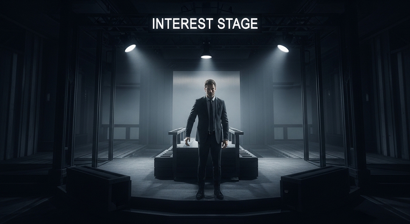 Um homem vestido de terno em pé em um cenário minimalista, iluminado por luzes focais, diante de uma estrutura com a inscrição 'INTEREST STAGE'.